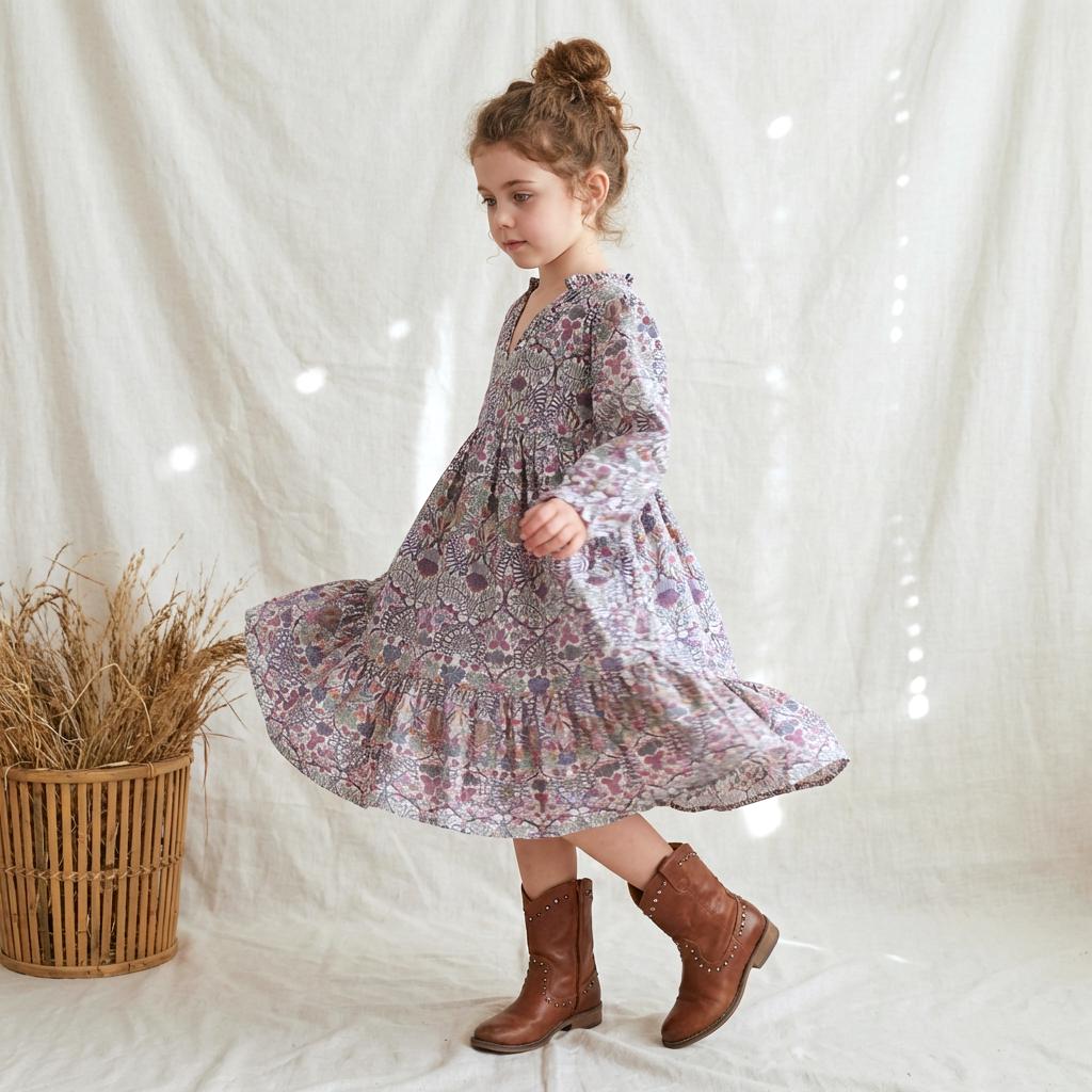 May include: A young girl wearing a long-sleeved floral print dress with a ruffled hem and brown leather boots. The dress features a V-neck and a pattern of purple, pink, and green flowers on a light background. The boots have decorative studs.
