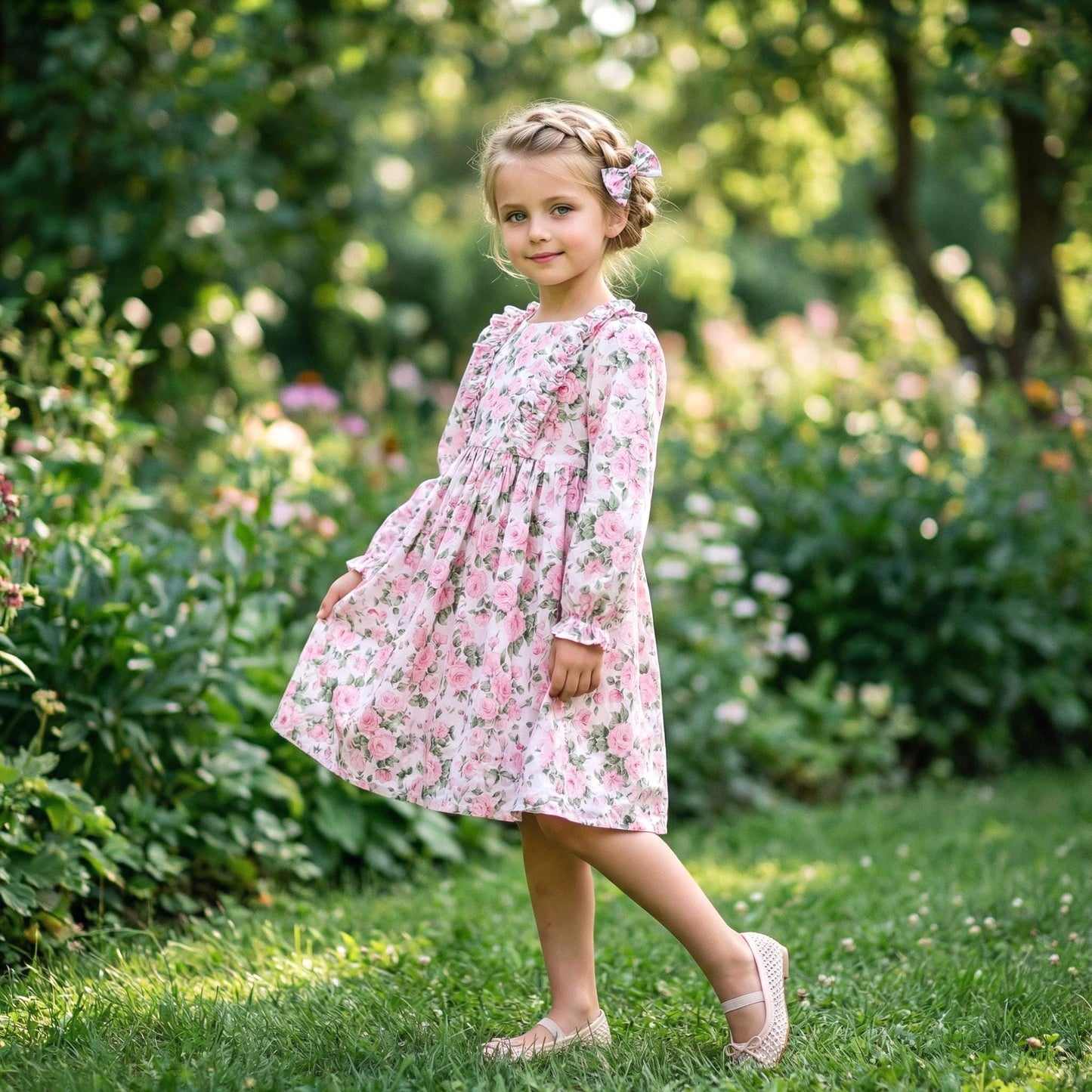 May include: A young girl wearing a long-sleeved, pink floral dress with a ruffled neckline and cuffs. The dress features a pattern of pink roses on a white background. She is standing on green grass, wearing beige shoes, and has a flower in her hair.
