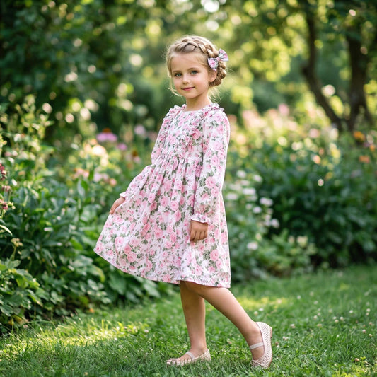 May include: A young girl wearing a long-sleeved, pink floral dress with a ruffled neckline and cuffs. The dress features a pattern of pink roses on a white background. She is standing on green grass, wearing beige shoes, and has a flower in her hair.