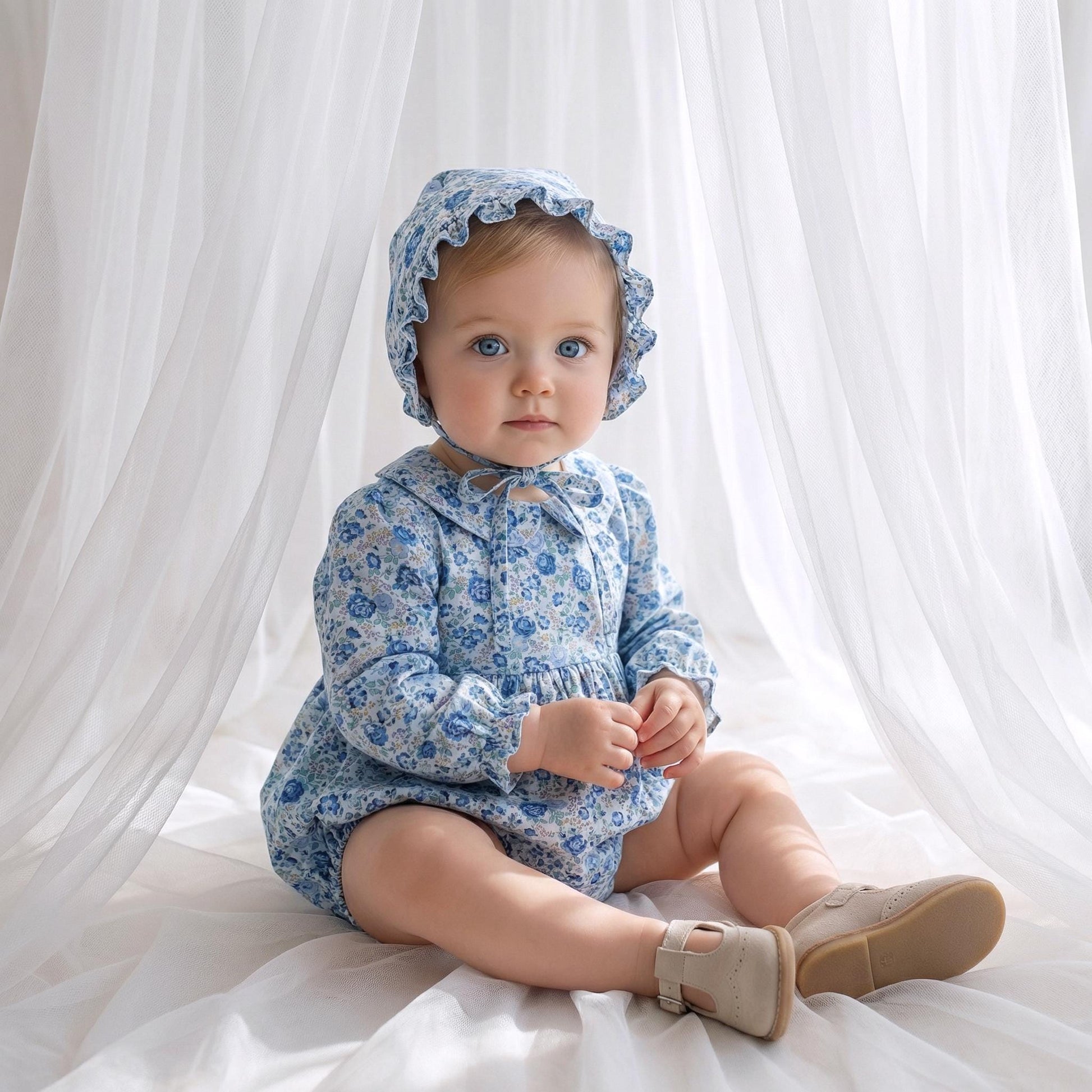 Liberty London Bubble Romper Bonnet, Christening Baptism Outfit, Special Occasion Handmade Children-wear, Heirloom Playsuit