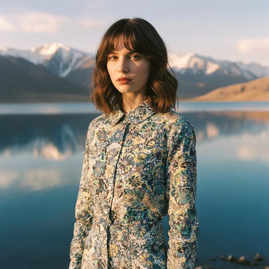 May include: A floral print shirt dress in shades of blue, green, and yellow. The dress has long sleeves and a collared neckline. The background features a lake and snow-capped mountains.