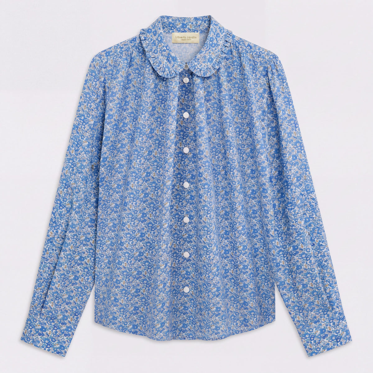 Liberty London Frilled Peter-Pan Collared Long-sleeved Chemise, Handmade Cotton Button-up Shirt, Sustainable Personalised Womenswear