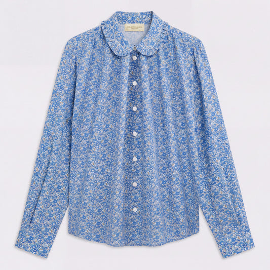 Liberty London Frilled Peter-Pan Collared Long-sleeved Chemise, Handmade Cotton Button-up Shirt, Sustainable Personalised Womenswear