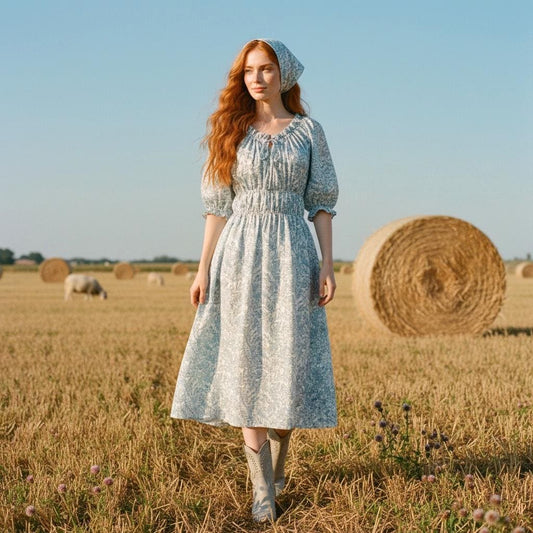 May include: A light blue floral print dress with a matching headscarf. The dress has a gathered waist and short sleeves. The person is wearing cowboy boots and standing in a field with hay bales.