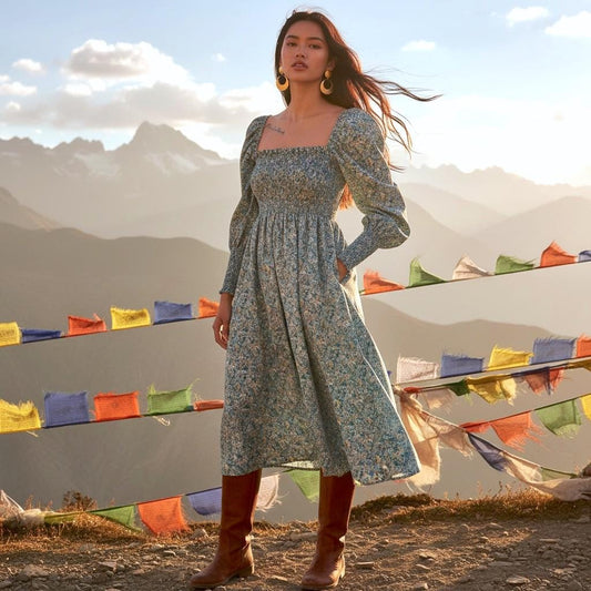 May include: A light blue floral print dress with a square neckline and long sleeves. The dress is paired with brown boots. The background features mountains and colorful prayer flags.