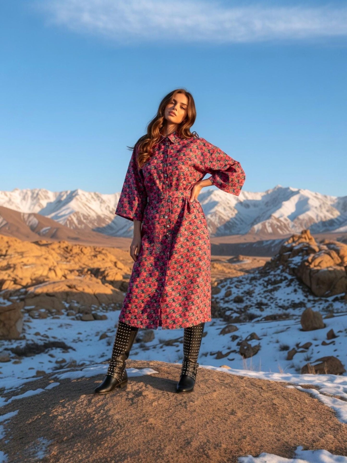 May include: A long, button-down dress with a floral pattern in shades of red and pink. The dress is cinched at the waist and paired with black studded boots. The background features a mountain range with snow-capped peaks under a clear blue sky.