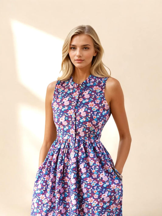 Liberty London Sleeveless Ruffle Collar Midi Sun Dress, Purple Pink Cotton Lawn Handmade Clothing