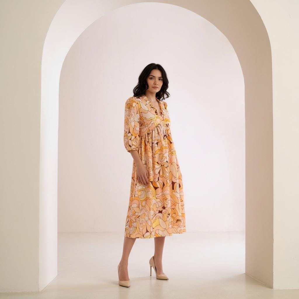 Liberty London Boho Midi Botanical Dress, Ruffle V-neck Collar 3/4 Puffy Sleeves Handmade Dress
