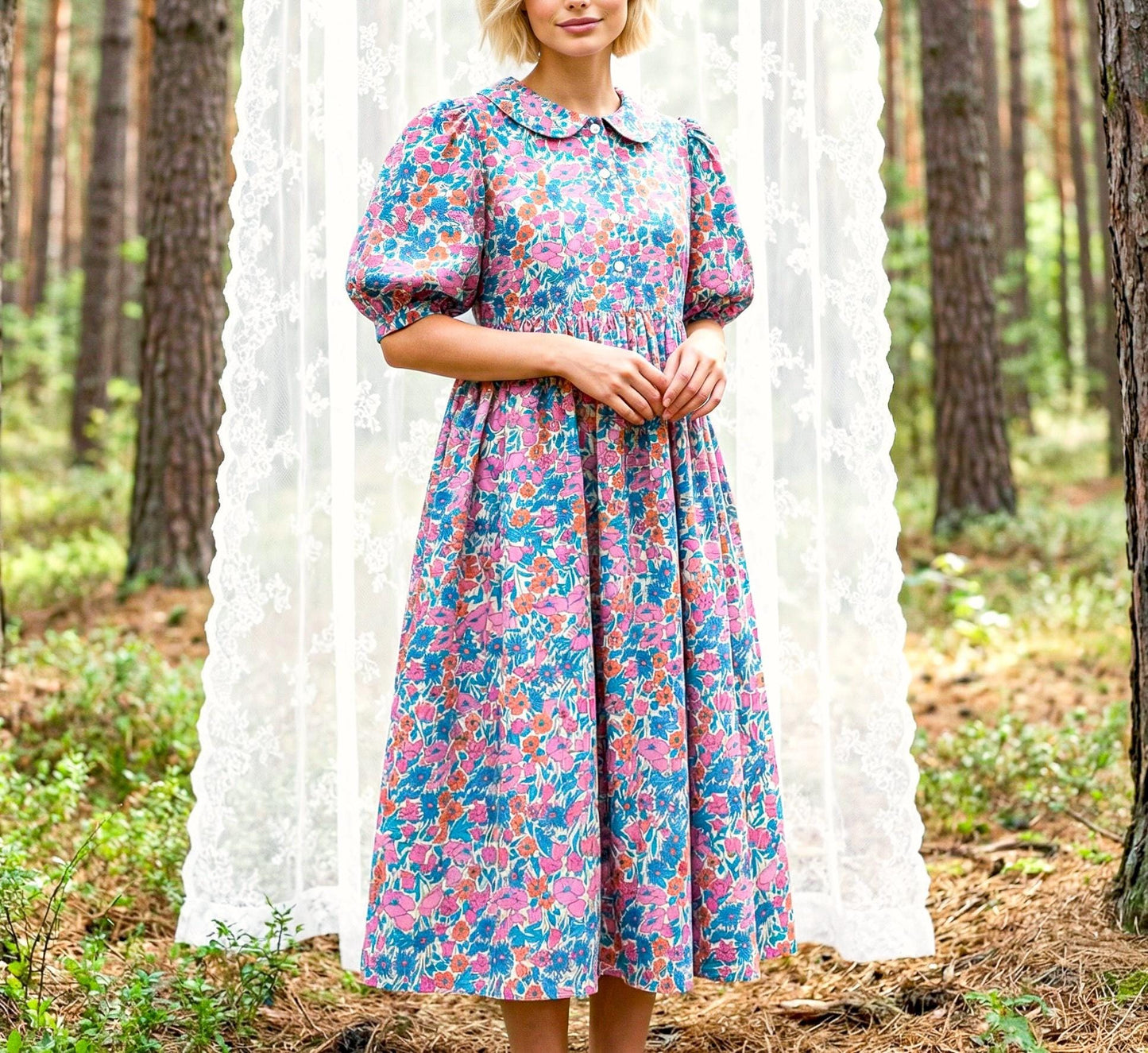 Liberty London Peter-Pan Collared Button-up Puffed Short-sleeved Shirtdress, Handmade Sustainable Womenswear, Botanical Cotton Clothing