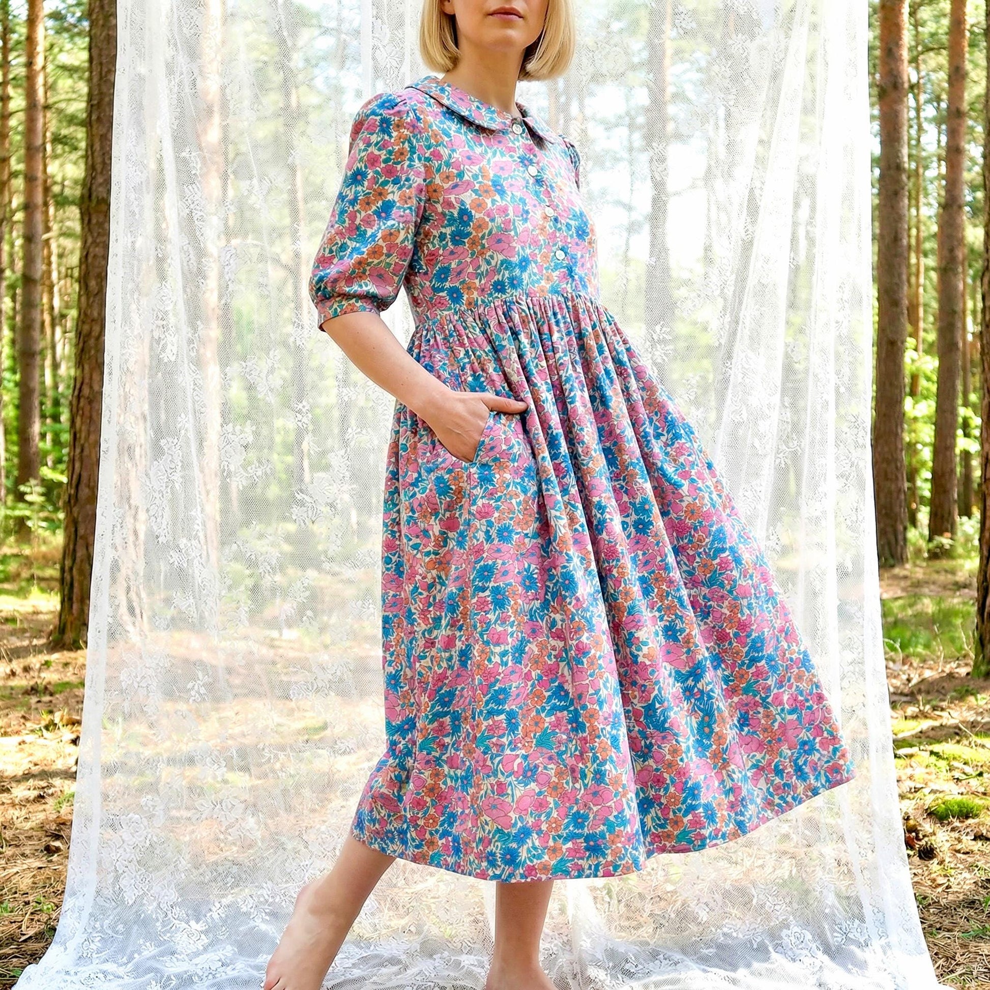Liberty London Peter-Pan Collared Button-up Puffed Short-sleeved Shirtdress, Handmade Sustainable Womenswear, Botanical Cotton Clothing