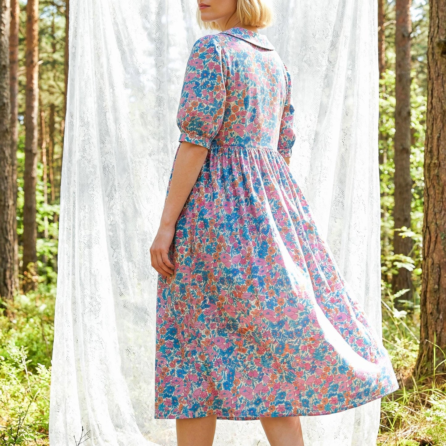 Liberty London Peter-Pan Collared Button-up Puffed Short-sleeved Shirtdress, Handmade Sustainable Womenswear, Botanical Cotton Clothing