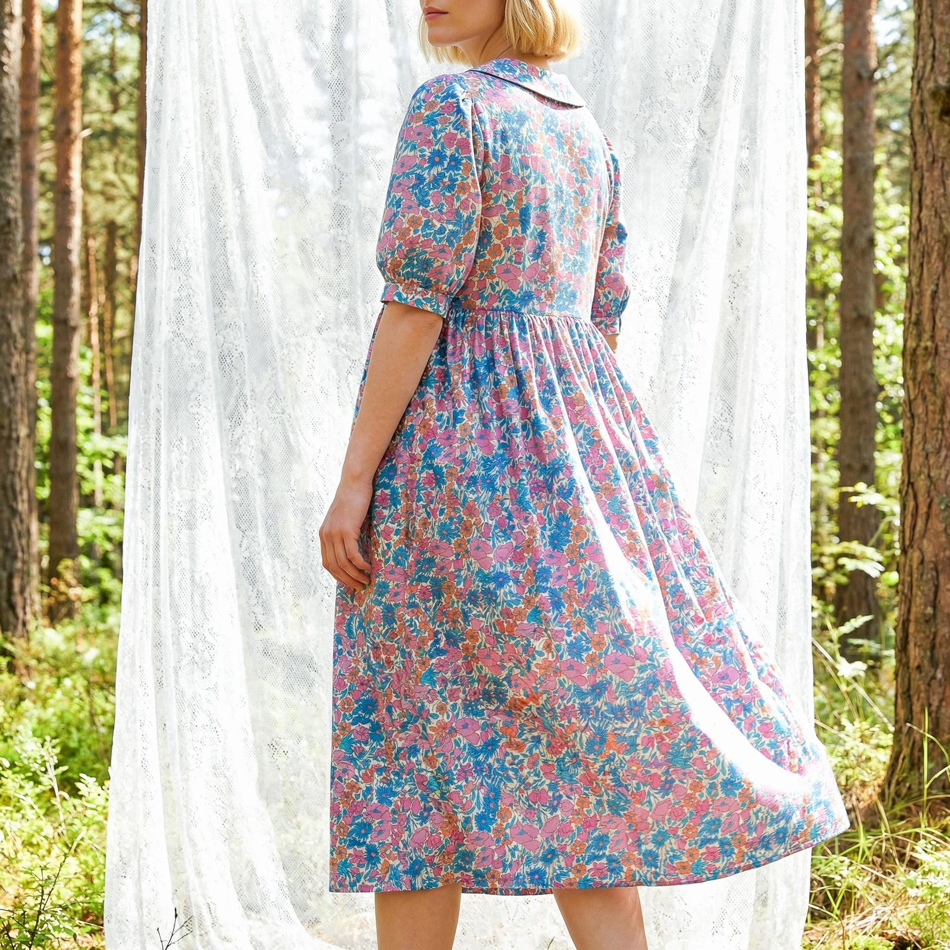 Liberty London Peter-Pan Collared Button-up Puffed Short-sleeved Shirtdress, Handmade Sustainable Womenswear, Botanical Cotton Clothing