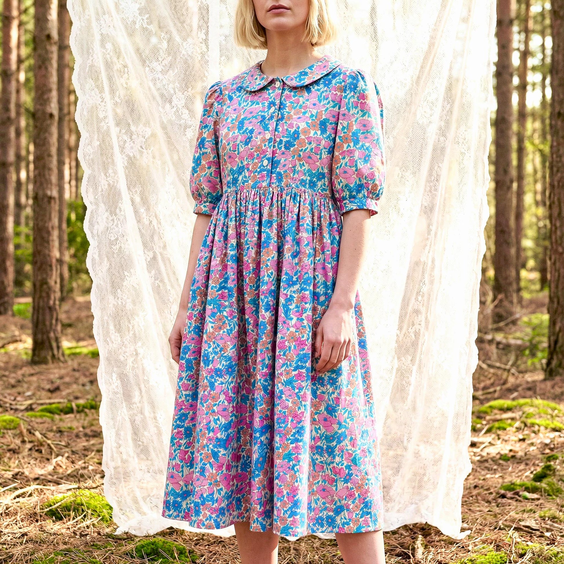 Liberty London Peter-Pan Collared Button-up Puffed Short-sleeved Shirtdress, Handmade Sustainable Womenswear, Botanical Cotton Clothing