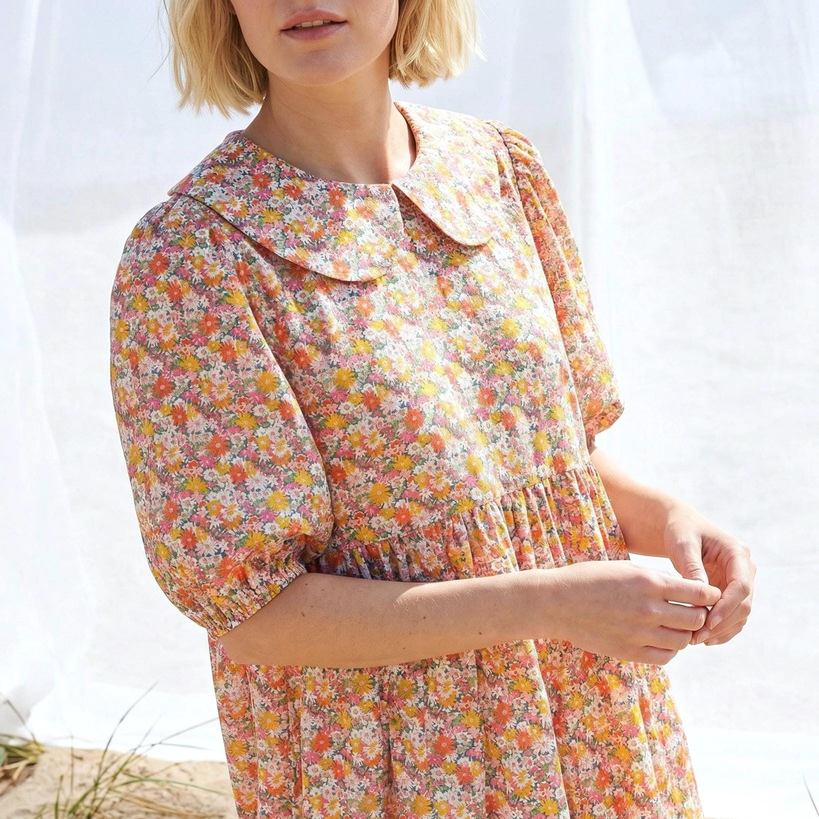 Liberty London Peter-Pan Collared Button-up Puffed Short-sleeved Shirtdress, Handmade Sustainable Womenswear, Botanical Cotton Clothing