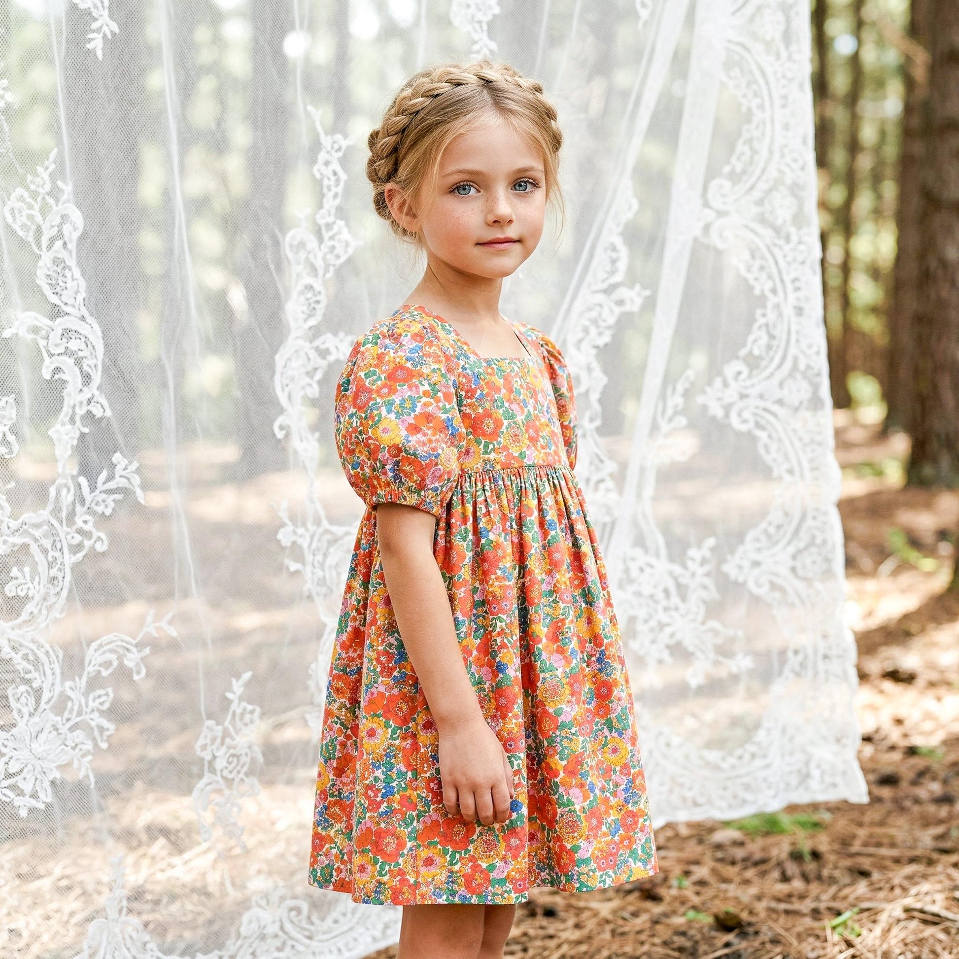 Liberty London Square Neck Puffed Short-sleeved Sundress, Handmade Children-wear, Sustainable Cotton Clothing, Personalised Outfits