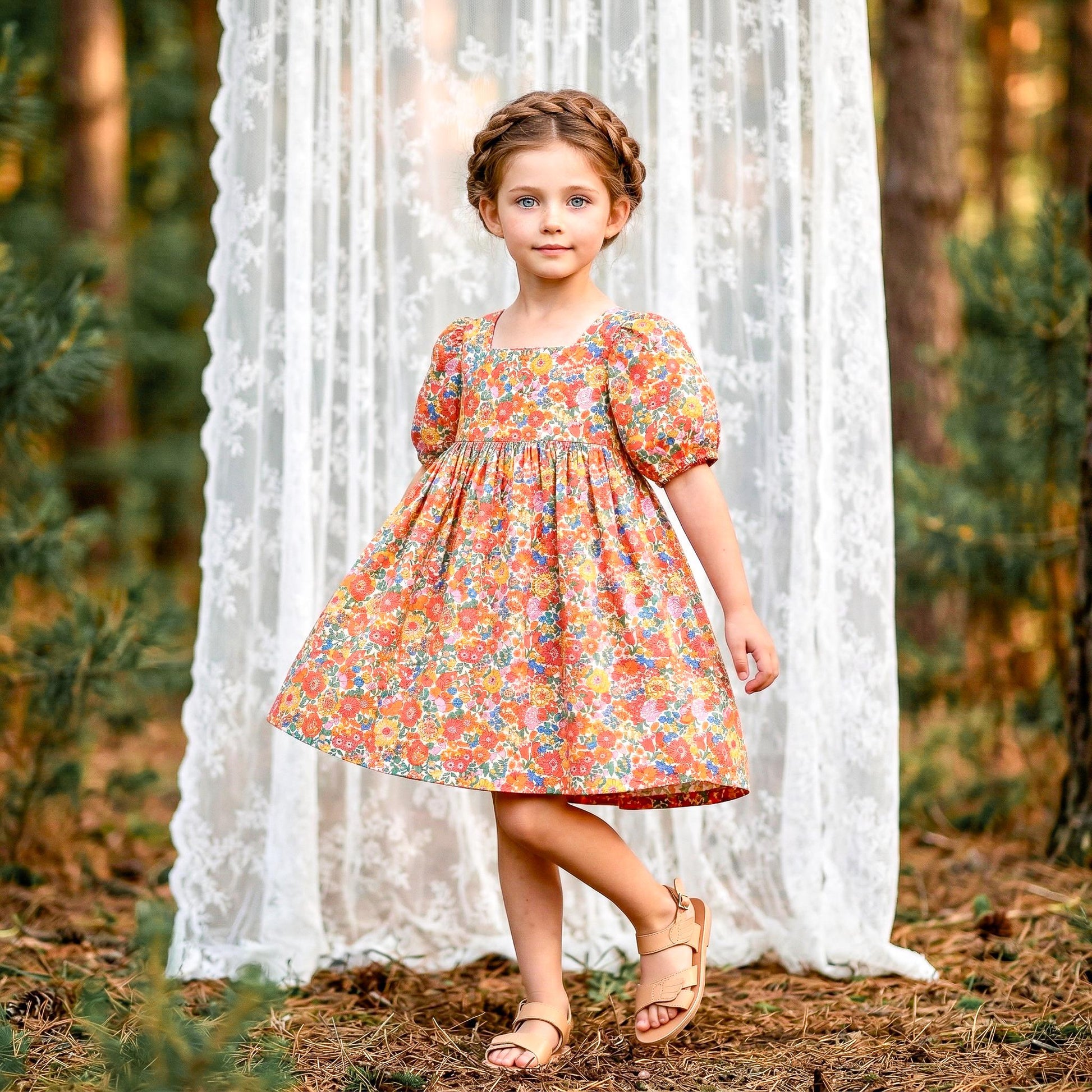 Liberty London Square Neck Puffed Short-sleeved Sundress, Handmade Children-wear, Sustainable Cotton Clothing, Personalised Outfits
