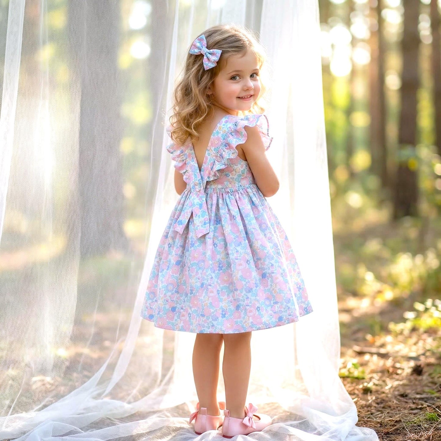 Pinafore Liberty London Sun Dress, Handmade Children-wear, Sleeveless Floral-Print Dress, Sustainable Eco-friendly Heirloom Clothing