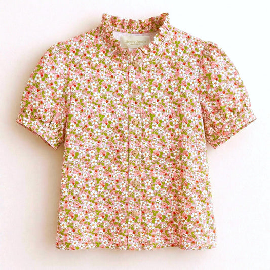 Liberty London Ruffle Collared Blouse, Short-sleeved Cotton Button-up Shirt, Handmade Botanical Womenswear, Personalised Chemise