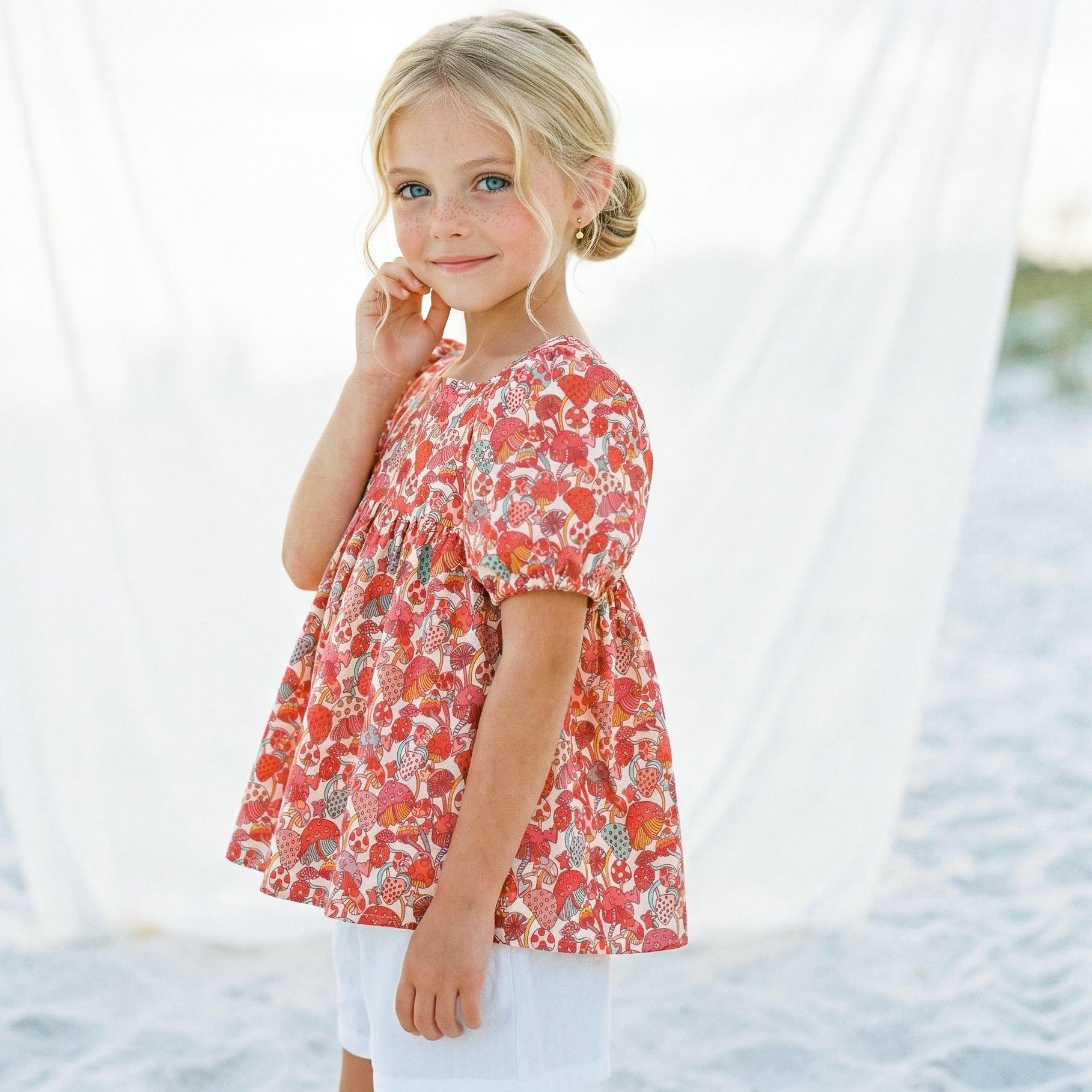 Liberty London Square-neck Puffed Short-sleeved Smock Blouse, Babydoll Vintage Handmade Top, Sustainable Personalised Cotton Children-wear