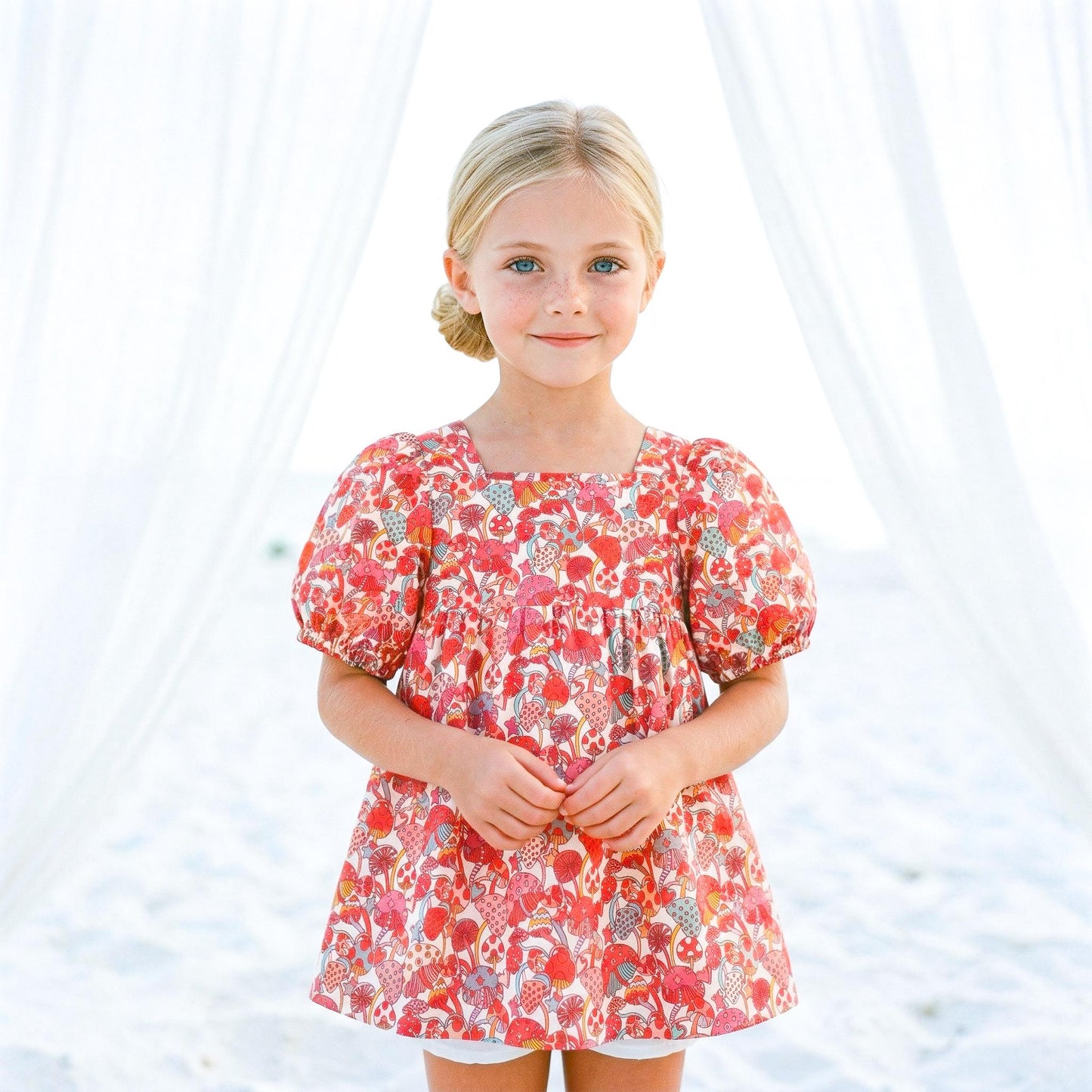 Liberty London Square-neck Puffed Short-sleeved Smock Blouse, Babydoll Vintage Handmade Top, Sustainable Personalised Cotton Children-wear