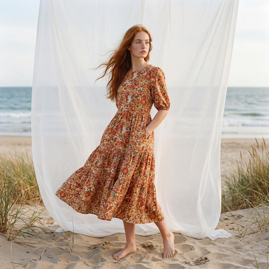 Liberty London Puffed Short Sleeves Tiered Sundress, Handmade Sustainable Womenswear, Botanical Personalised Cotton Clothing