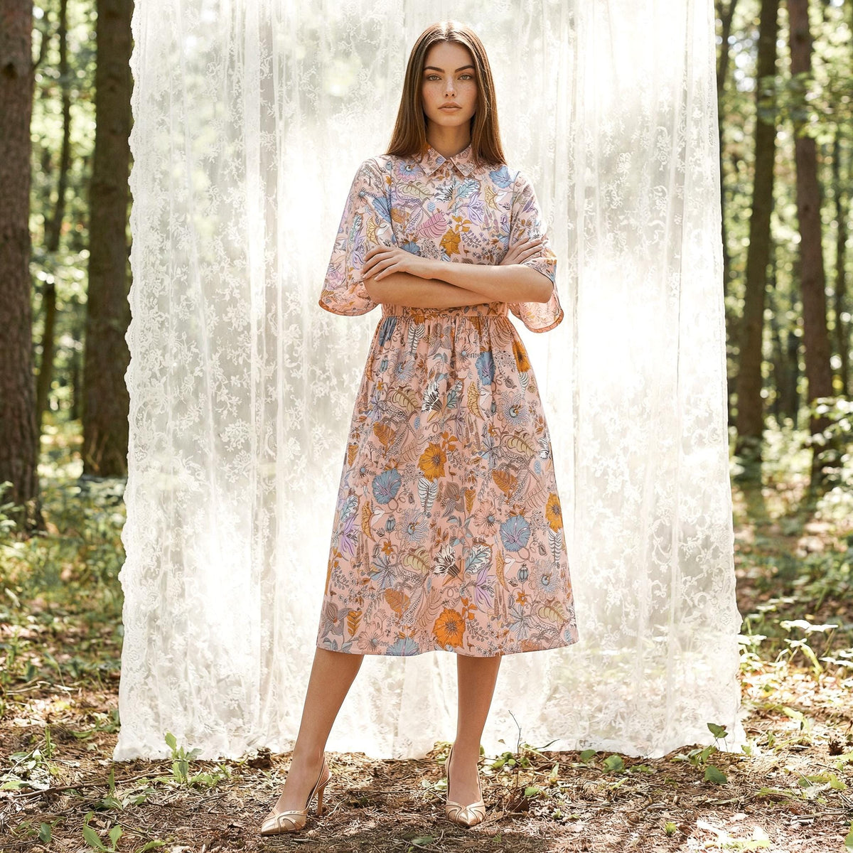 Liberty London Collared Kimono Sleeves Shirtdress, Handmade Botanical Womenswear, Sustainable Slow-fashioned Clothing, Personalised Dress