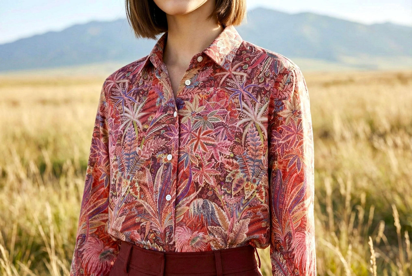 Liberty London Button-Up Long Sleeves Shirt, Botanical Handmade Cotton Clothing, Sustainable Womenswear, Minimalist Chemise