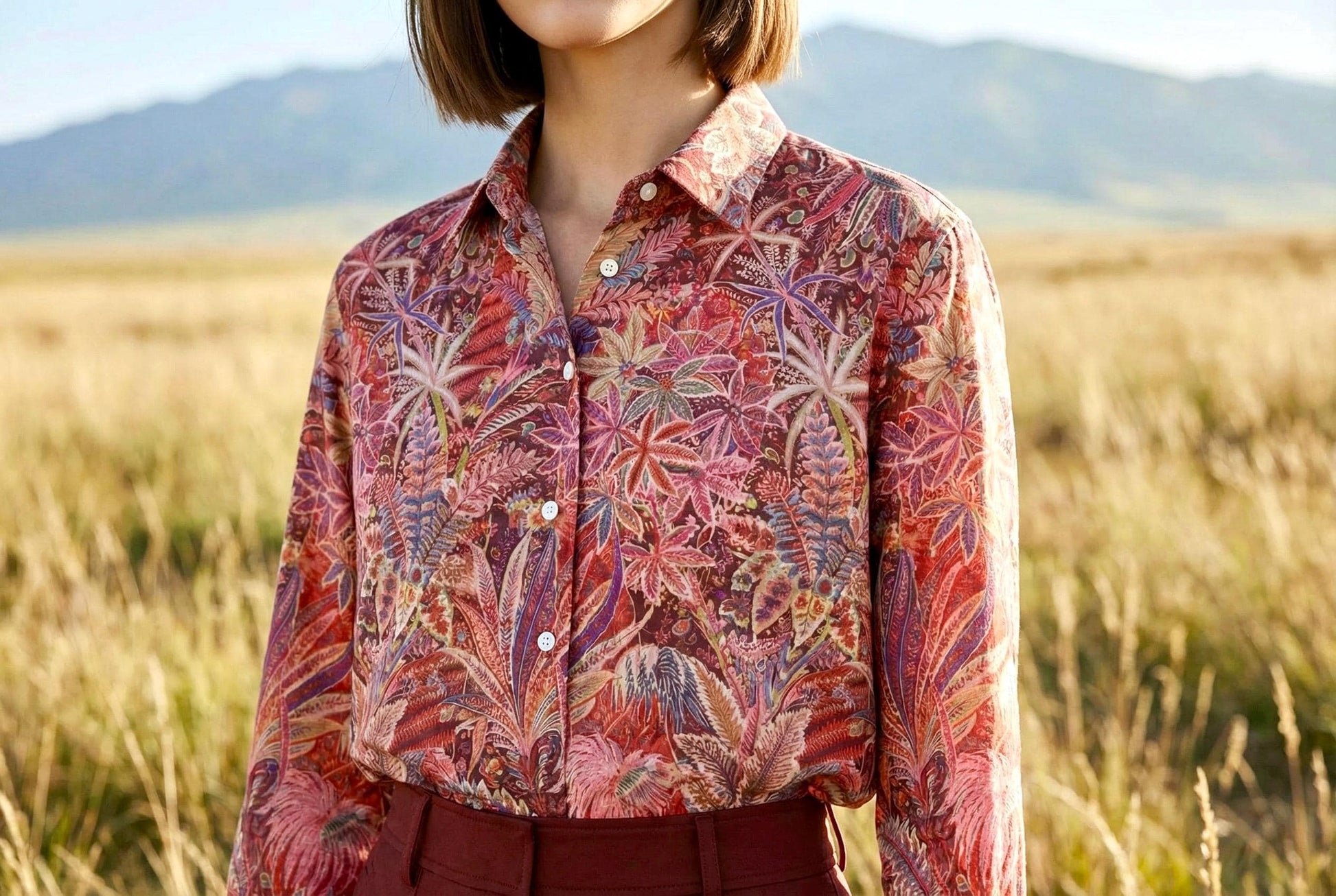 Liberty London Button-Up Long Sleeves Shirt, Botanical Handmade Cotton Clothing, Sustainable Womenswear, Minimalist Chemise