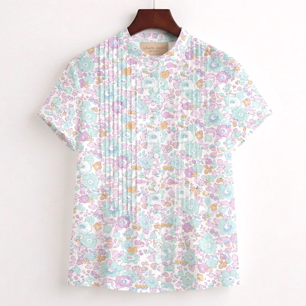 Liberty London Mandarin Collared Pin-tuck Short-sleeved Top, Button-up Blouse, Handcrafted Personalised Shirt, Tailoring Chemise