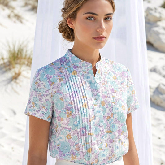 Liberty London Mandarin Collared Pin-tuck Short-sleeved Top, Button-up Blouse, Handcrafted Personalised Shirt, Tailoring Chemise