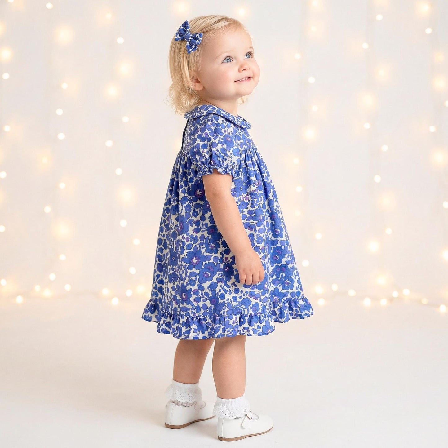 Liberty London Smock Peter-Pan Collared Short-sleeved Dress, Personalised Handmade Children-wear, Sustainable Ethical Cotton Clothing