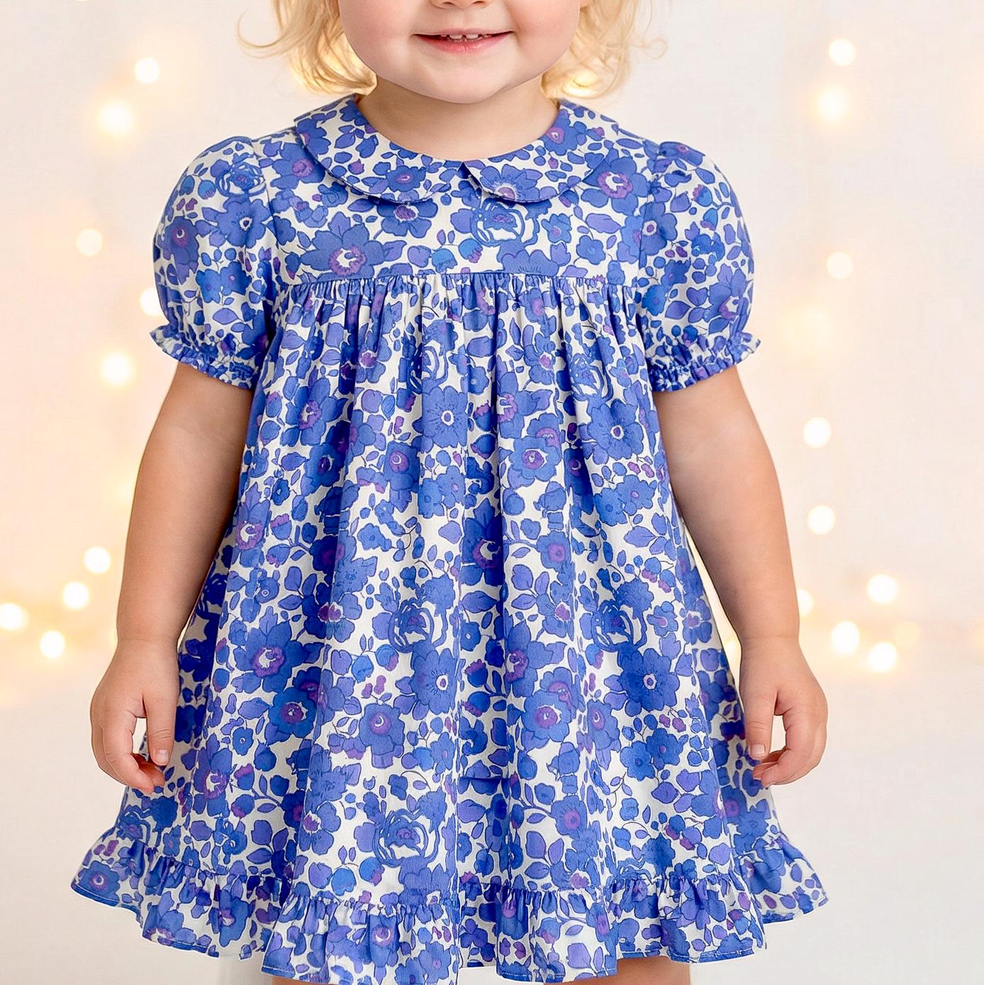 Liberty London Smock Peter-Pan Collared Short-sleeved Dress, Personalised Handmade Children-wear, Sustainable Ethical Cotton Clothing