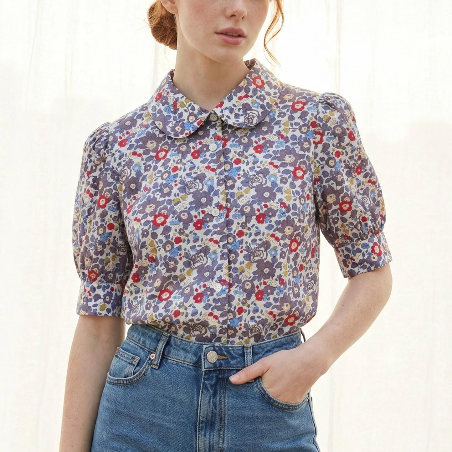 Liberty London Peter Pan Collared Handmade Chemise, Button-up Botanical Personalised Shirt, Minimalist Versatile Clothing, Short Sleeves Top