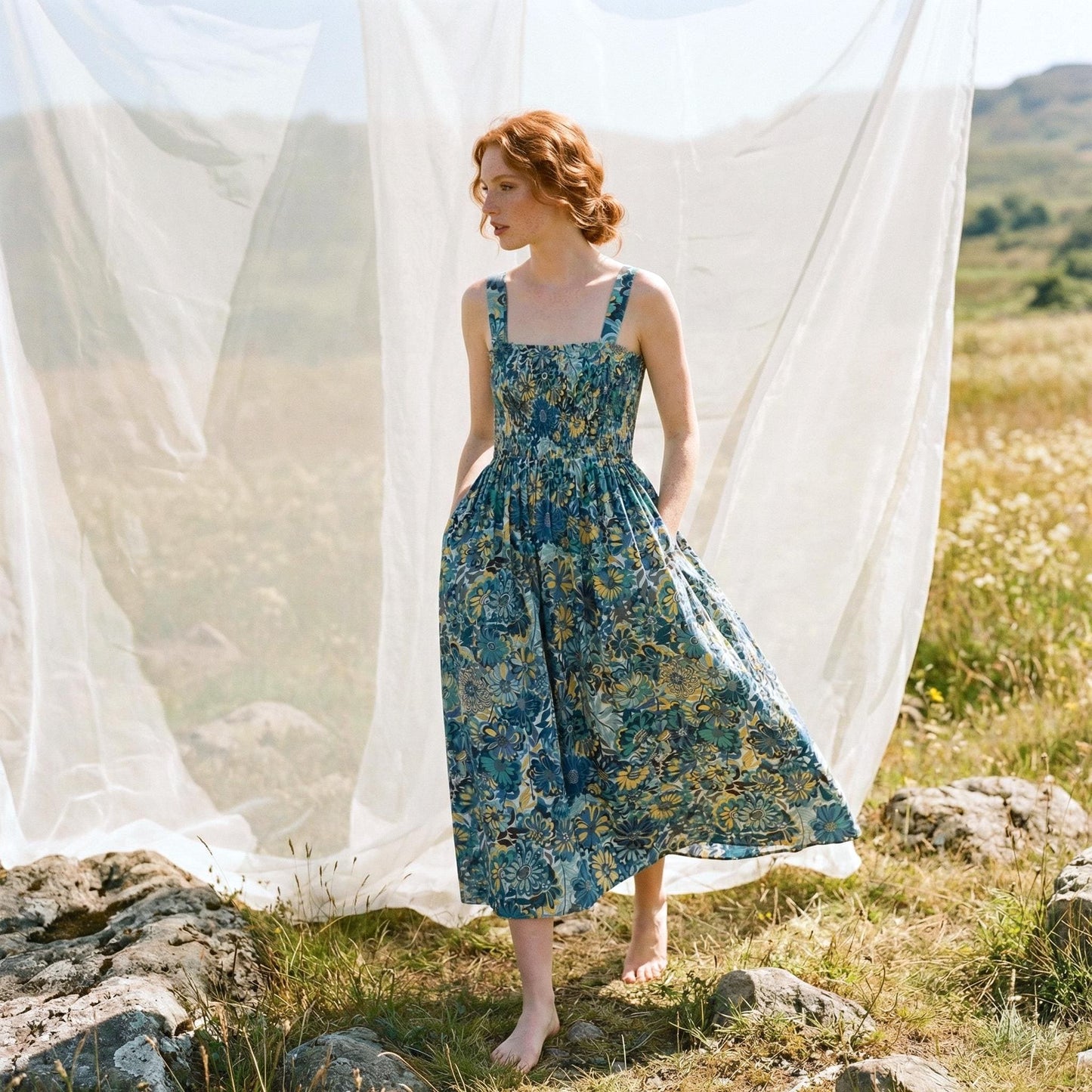 Liberty London Smock Shirred Sundress, Handmade Cotton Womenswear, Botanical Sustainable Clothing, Personalised Tailoring Outfits