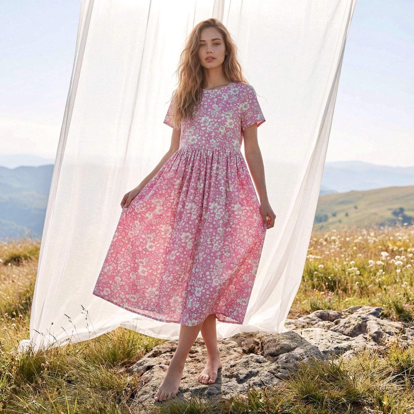 Liberty London Floral Print Dress: Scoop Neck Lace Tie Short Sleeves