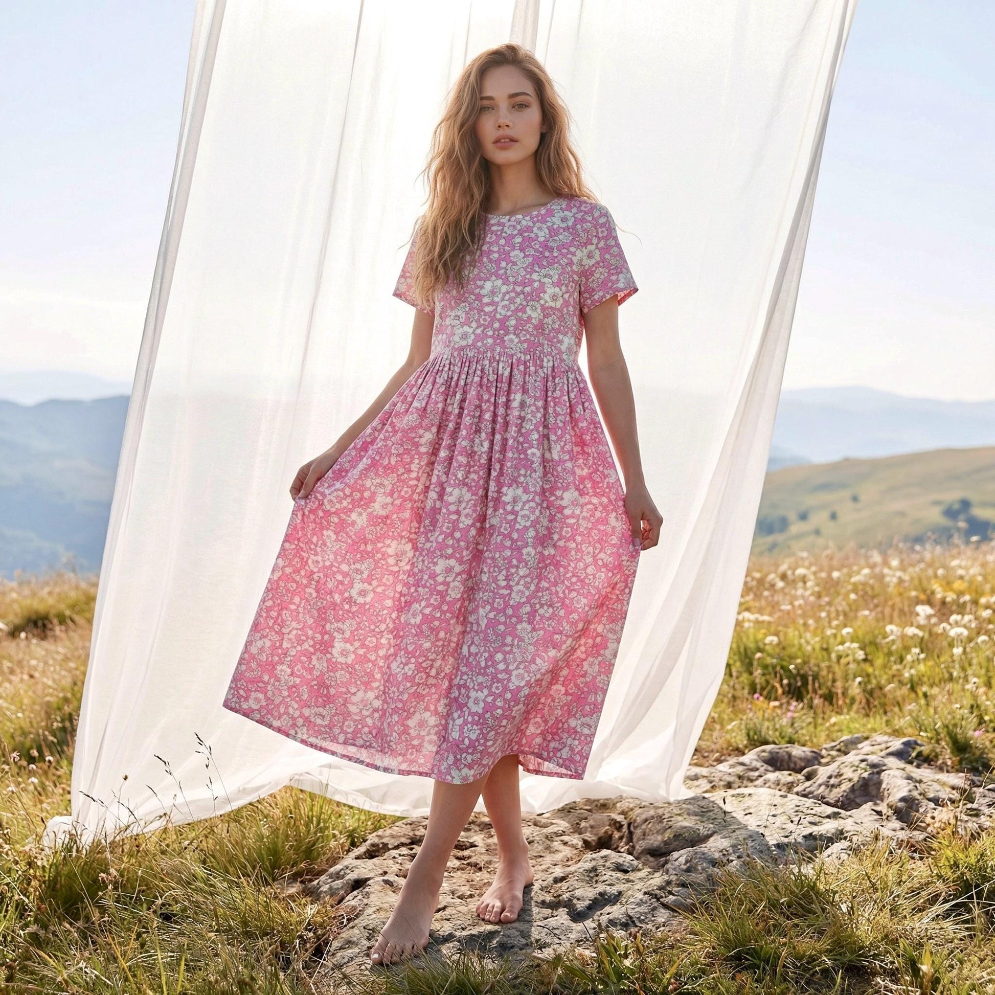 Liberty London Floral Print Dress: Scoop Neck Lace Tie Short Sleeves