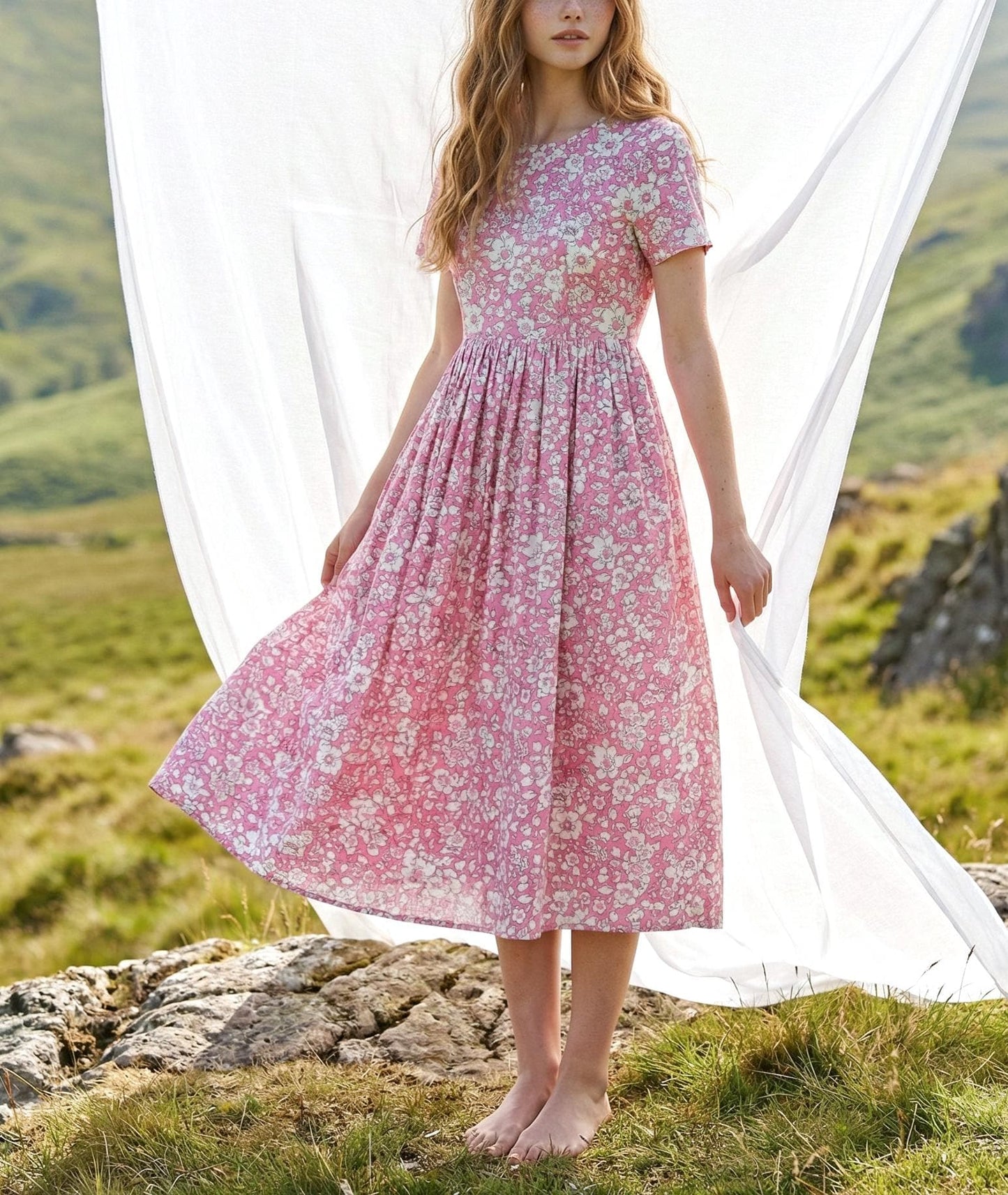 Liberty London Floral Print Dress: Scoop Neck Lace Tie Short Sleeves