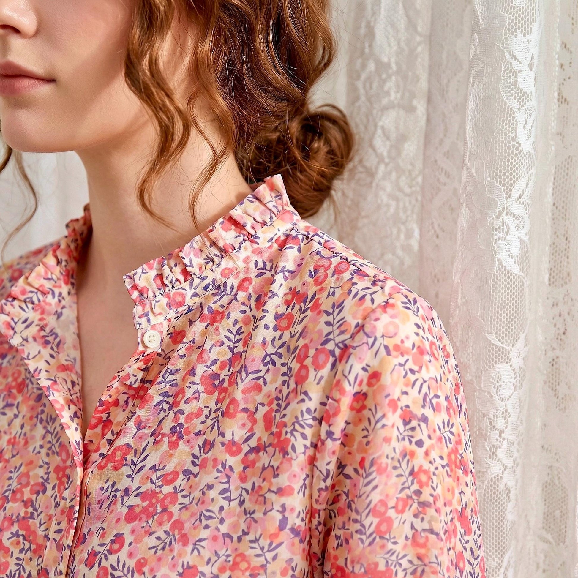 Liberty London Ruffle Collared Long Sleeves Button-up Blouse, Personalised Cotton Chemise, Handmade Sustainable Womenswear
