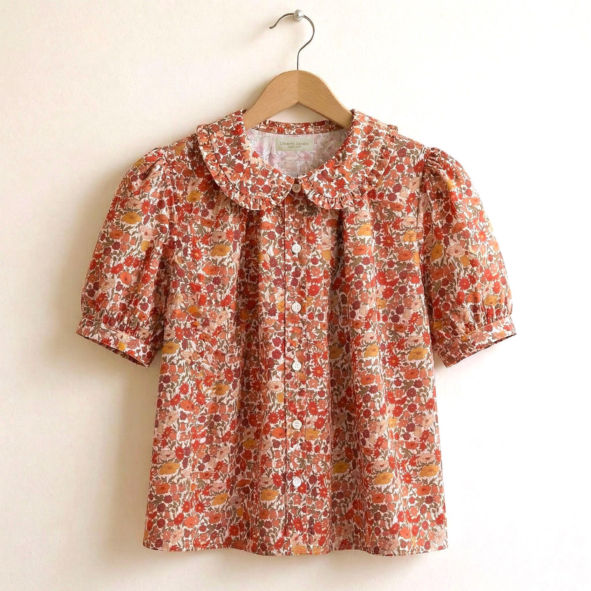 Liberty London Frilled Peter-Pan Collared Handmade Blouse, Button-up Puffed-Sleeves Chemise, Sustainable Tailoring Versatile Shirt