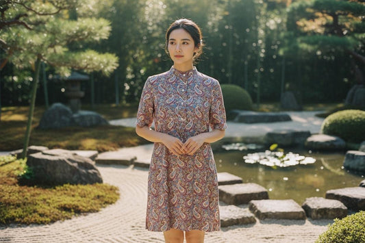 May include: A short-sleeved, knee-length dress with a paisley pattern in shades of red, blue, and yellow. The dress has a mandarin collar and a button-down front. The woman is standing in a Japanese garden setting.