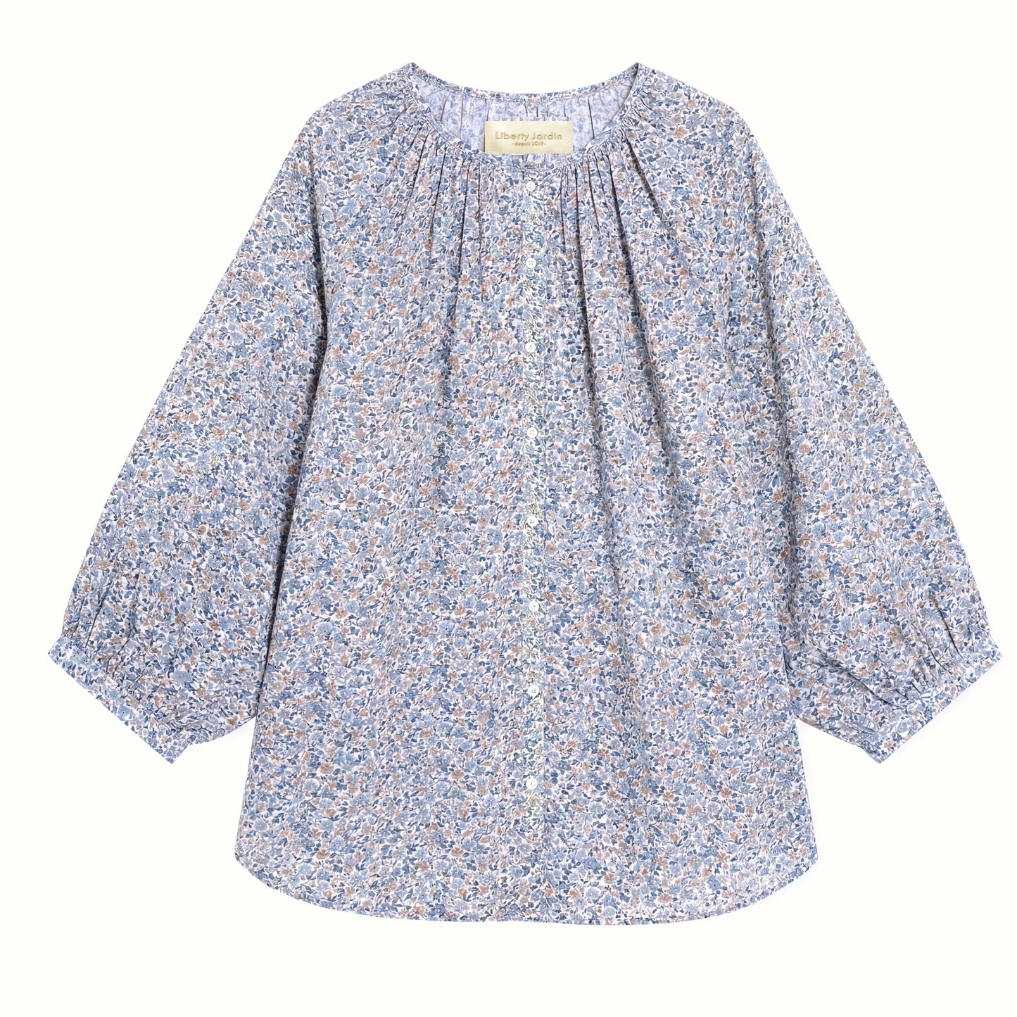 Liberty London Peasant Button-Up Blouse, Three-quarter Bishop Sleeves Shirt, Handcrafted Tailoring Clothing, Sustainable Womenswear