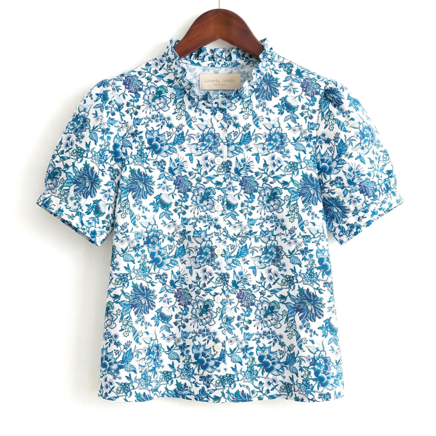 Liberty London Ruffle Collared Blouse, Short-sleeved Cotton Button-up Shirt, Handmade Botanical Womenswear, Personalised Chemise