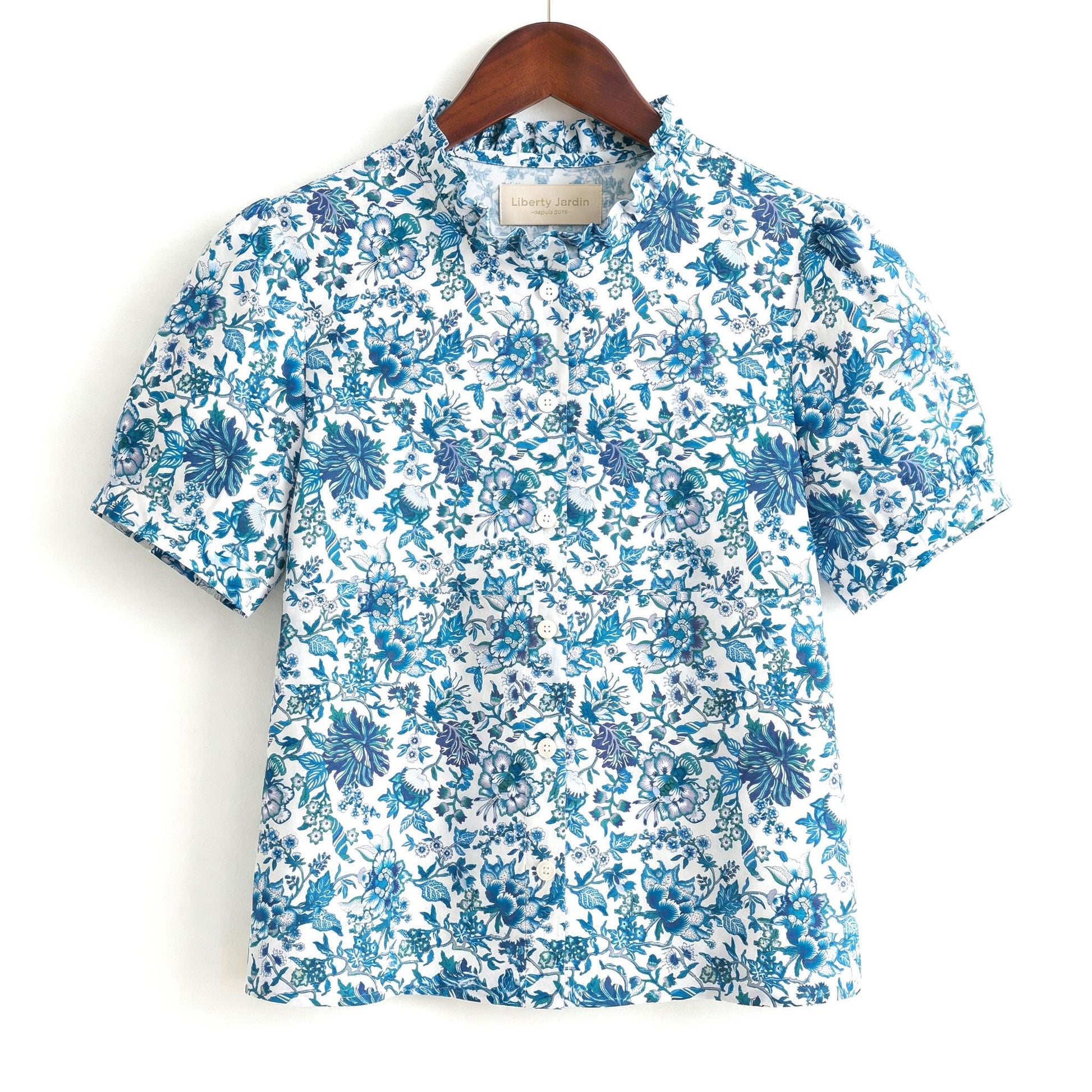 Liberty London Ruffle Collared Blouse, Short-sleeved Cotton Button-up Shirt, Handmade Botanical Womenswear, Personalised Chemise