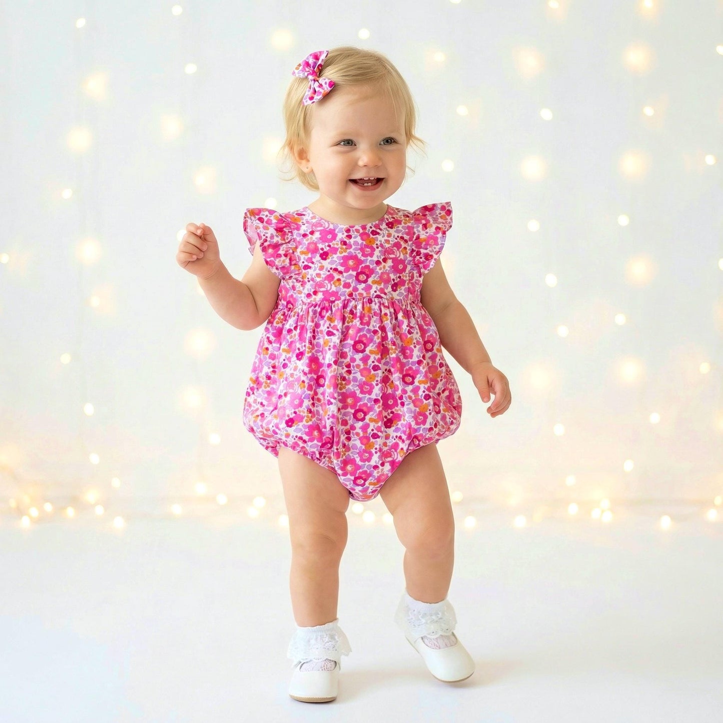 Liberty London Ruffle Sleeveless Bubble Romper, Personalised Children Clothing, Sustainable Ethical-wear, Cotton Lightweight Sunsuit