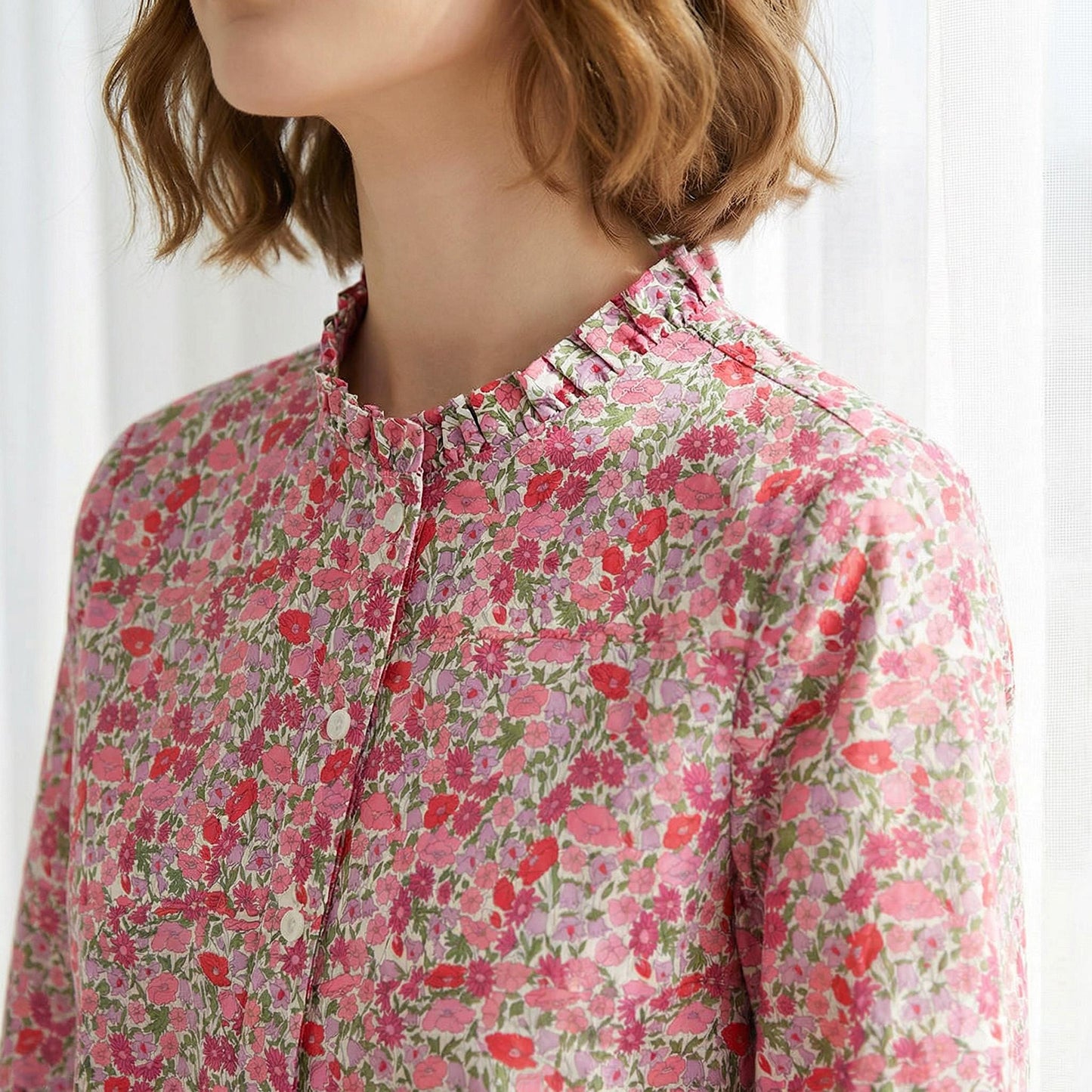 Liberty London Ruffle Collared Long Sleeves Button-up Blouse, Personalised Cotton Chemise, Handmade Sustainable Womenswear