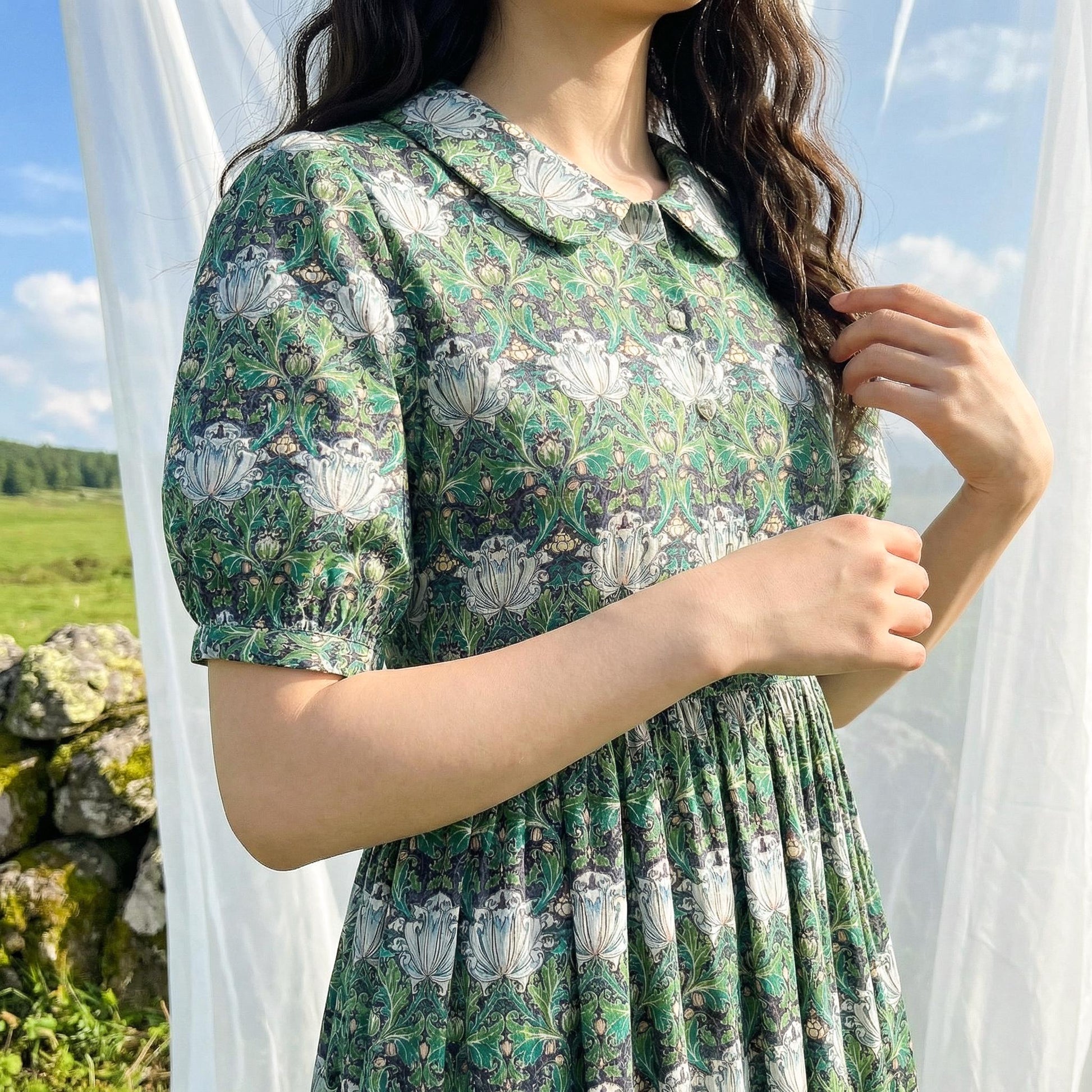 William Morris Peter-Pan Collared Short-sleeved Dress, Handmade Sustainable Womenswear, Personalised Versatile Cotton Botanical Clothing