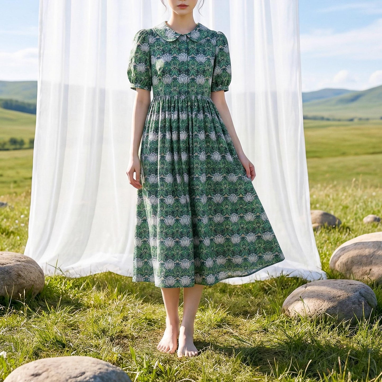 William Morris Peter-Pan Collared Short-sleeved Dress, Handmade Sustainable Womenswear, Personalised Versatile Cotton Botanical Clothing