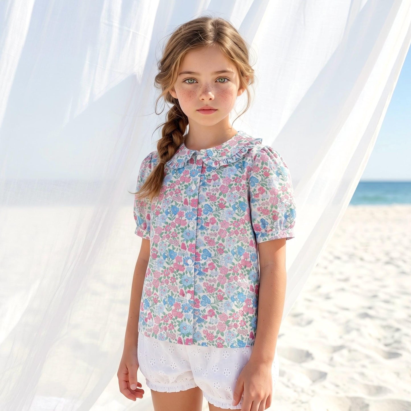 Liberty London Ruffle Peter-Pan Collared Short-sleeved Top, Handmade Sustainable Children Clothing, Customised Button-Up Blouse