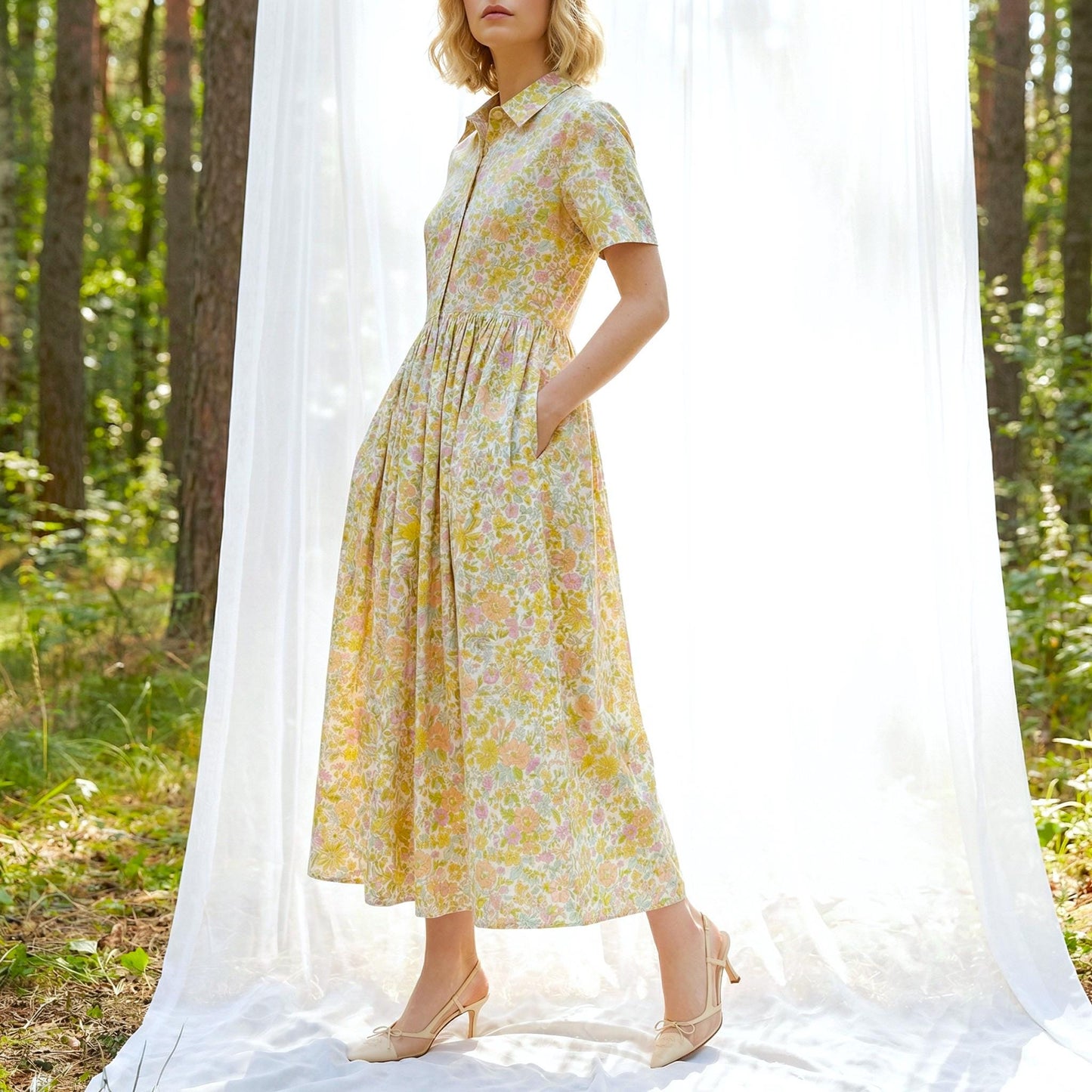 Liberty London Short-Sleeved Shirtdress, Handmade Botanical Floral-Print Womenswear, Midi Tailoring Dress, Sustainable Ethical Clothing