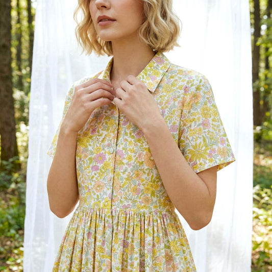 Liberty London Short-Sleeved Shirtdress, Handmade Botanical Floral-Print Womenswear, Midi Tailoring Dress, Sustainable Ethical Clothing